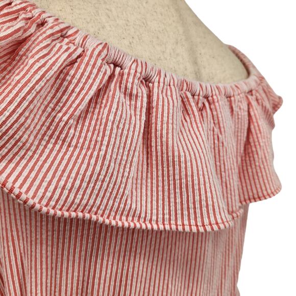 Michael Kors Women Pink Striped Casual Ruffle Off-the-Shoulder Mini Dress Size L - Picture 6 of 8